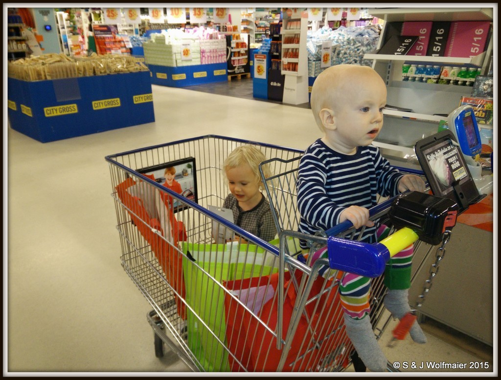 Our daughter and son in the shopingcart at the store