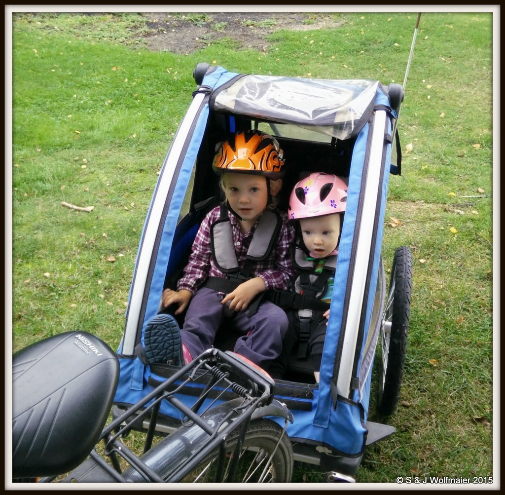 Kids in bicycle trailer